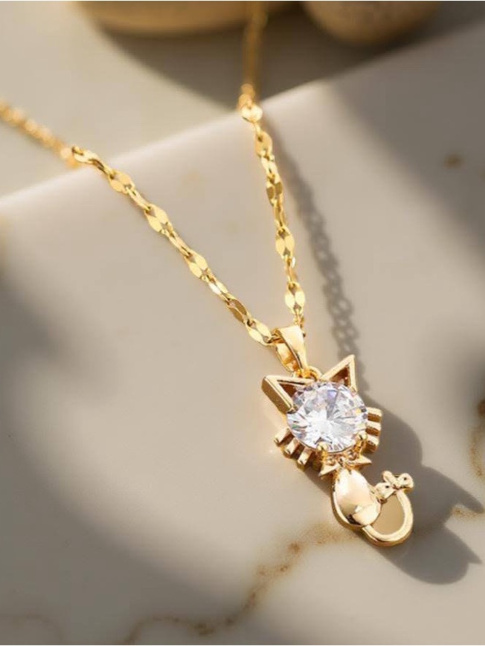 Gold Cat Pendant Necklace with Crystal Accent - Women Jewelry